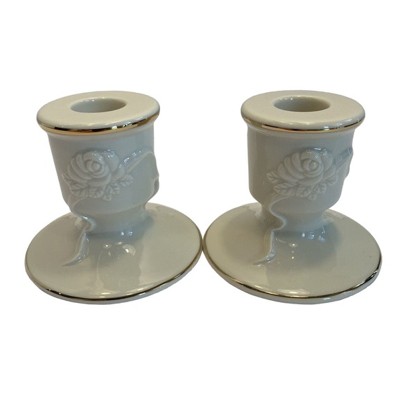 Vintage Lenox Ivory Gold Trim Porcelain Candleholders Tapers Pair Roses - Picture 1 of 12